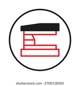 Uma imagem gráfica minimalista apresenta um grampeador aerodinâmico dentro de uma borda circular. O design enfatiza as linhas limpas e as cores em negrito para criar um símbolo impressionante de eficiência, organização do escritório