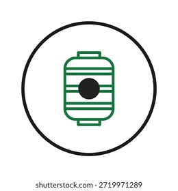 Um gráfico minimalista que apresenta uma caixa verde estilizada, aninhada num círculo preto a negrito. Esta imagem oferece uma representação gráfica limpa e simples, ideal para logotipos, ícones ou simbólicos