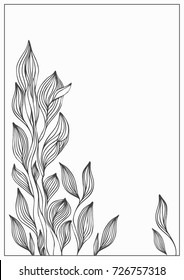 Minimalistic graphical monochrome drawing of a branch with leaves. Title page.