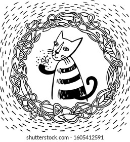 Minimalistic graphics. Decorative frame of interwoven plants. Tabby cat and little moth In the center of frame.