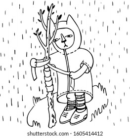 Minimalistic graphics. Furry art. Kitten bandages the trunk of a young tree. Kitten dressed in a warm coat and boots. 