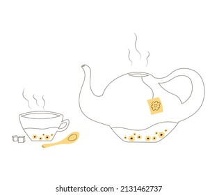 Minimalistic graphics illustration teapot and cup.  Flat and line cartoon vector. Hot flower tea in a mug and kettle. Decorative kitchen tools, household utensils, drinkware for tea time