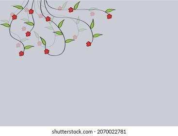 minimalistic gray background for text with a branch of flowers in doodle style
