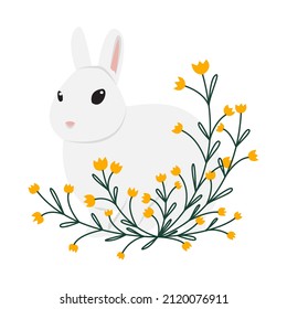 Minimalistic gray rabbit with a bush with yellow bells in doodle style. Color vector hand drawn line art. Illustration for posters and postcards