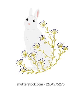 Minimalistic gray rabbit in eyelids with small berries drawn in the style of doodle. Color vector hand drawn line art. Illustration for posters and postcards