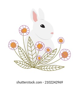 Minimalistic gray rabbit in fancy wild flowers drawn in the style of doodle. Color vector hand drawn line art. Illustration for posters and postcards