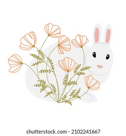 Conejo gris minimalista en flores silvestres, amapola californiana dibujada al estilo de doodle. Arte de línea dibujada a mano por vectores de color. Ilustración para carteles y postales