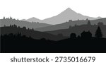 A minimalistic grayscale vector image featuring layered mountains, rolling hills, and silhouetted forests with trees and a small house.