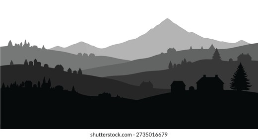 A minimalistic grayscale vector image featuring layered mountains, rolling hills, and silhouetted forests with trees and a small house.