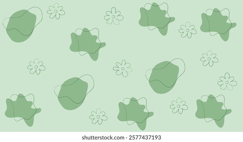 A minimalistic green abstract pattern featuring irregular shapes and simple line-drawn flowers. The design has a soft and calm aesthetic