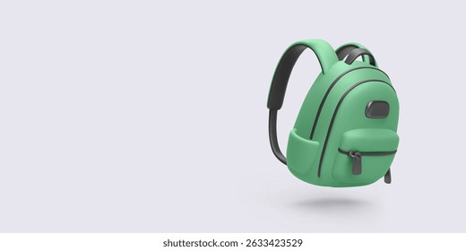 Mochila verde minimalista com tiras pretas e zíper, levitando sobre fundo claro. Ilustração vetorial perfeita para viagem, escola, caminhadas, estilo de vida, acessório ou conceito de estudante.