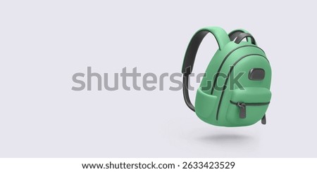 Minimalistic green backpack with black straps and zipper, levitating on light background. Vector illustration perfect for travel, school, hiking, lifestyle, accessory, or student concept.
