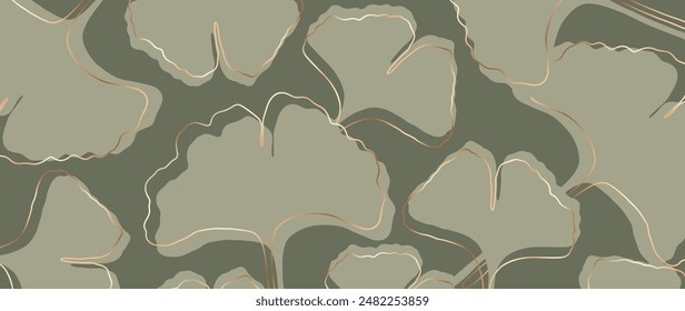 Minimalistic green botanical background of ginkgo biloba leaves with gold outlines.