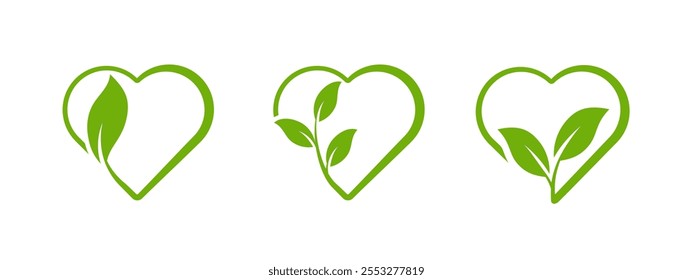 A minimalistic green heart shaped leaf icon with a clean outline, symbolizing love for nature, sustainability, and organic lifestyles, perfect for eco friendly products and stickers.