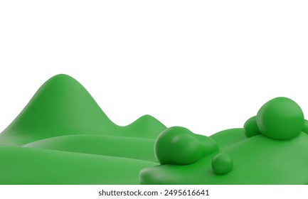 Minimalistic green landscape with smooth hills and round bushes in a simple 3D style. Vector illustration icon suitable for backgrounds, nature themes, and playful designs.