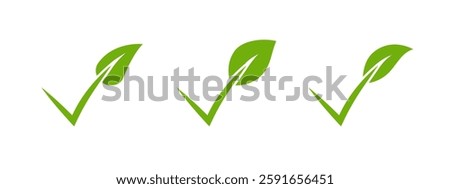 A minimalistic green leaf icon with a check mark, symbolizing organic products, eco-friendly agriculture, and environmental sustainability, ideal for nature focused logos and stickers.