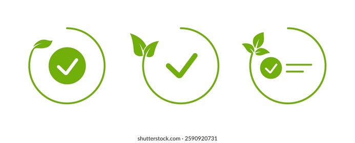 A minimalistic green leaf icon with a circular outline and a check mark, symbolizing ecology, sustainability, and organic lifestyles, ideal for eco-friendly logos and products.