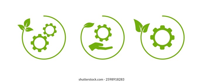 A minimalistic green leaf icon combined with a gear in a circular outline, symbolizing eco friendly products, sustainable agriculture, and environmental renewal.