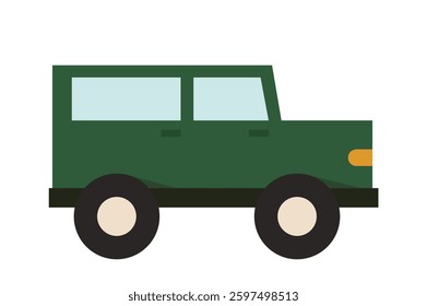 Minimalistic green off-road vehicle depicted in flat art style. Design is simple, featuring two windows and large wheels, set against white background. Concept of transportation. Vector illustration
