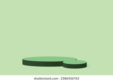 A minimalistic green presentation featuring cylindrical platforms against a gradient green background, ideal for modern product showcasing or abstract design concepts.