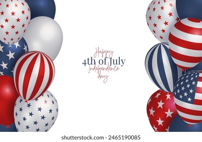 Minimalistic greeting card of 4th July, independence day of USA with borders of colorful 3d helium balloons. Realistic frame with three dimensional elements. Vector illustration