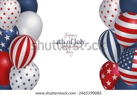Minimalistic greeting card of 4th July, independence day of USA with borders of colorful 3d helium balloons. Realistic frame with three dimensional elements. Vector illustration