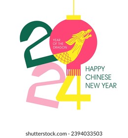 Minimalistic Greeting card, banner design for Chinese New Year 2024 with Dragon's silhouette in lantern, zodiac symbol of 2024 year, numbers. Vector simple flat illustration