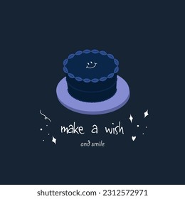 Minimalistic greeting card with cake. Dark blue cartoon cake with smiling emoji. Cheerful congratulatory card for birthday. Vector illustration.