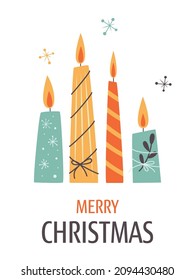 Minimalistic Greeting card with candles and Merry Christmas text in Vintage design style. Mid Century Modern Vector Illustrations. Seasons greeting