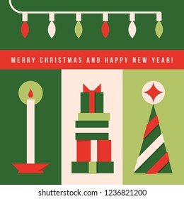 Minimalistic greeting card with Christmas tree, lights, candle and holiday gifts
