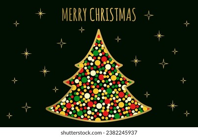 Minimalistic greeting card with christmas tree with gold decoration and colored confetti