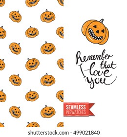 Minimalistic greeting card for halloween, inspired by spooky symbolism. Seamless pattern with stylized holiday symbol on one side. On another inscription: remember that i love you. Vector template.