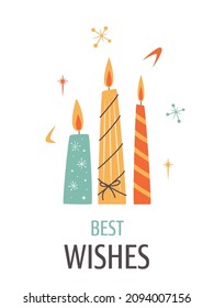 Minimalistic Greeting card with three candles and Best Wishes text in Vintage design style. Mid Century Modern Vector Illustrations. Seasons greeting