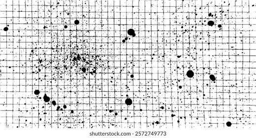 Minimalistic grunge banner with black ink spray splatter, noisy halftone dots, watercolor stains and textured checkered paper overlay.