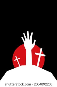 Minimalistic halloween poster with copy space. Horror art resurrection of a zombie, a hand from the grave among the crosses on the background of a red moon. White silhouette on a black background. Mys
