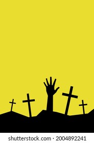 Minimalistic halloween poster with copy space. Horror art zombie resurrection, hand from the grave among the crosses. Black silhouette on a yellow background. Mystical art