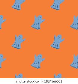 Minimalistic halloween print with ghosts seamless pattern. Blue spooky print on orange background. Designed for wallpaper, textile, wrapping paper, fabric print. Vector illustration.