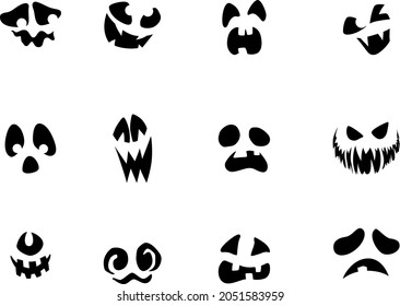 Minimalistic hallowen expressions vectors. Filled with colors black. Laugh, horror, disgusted, silly faces