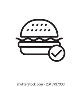 Minimalistic hamburger icon with confirmation on a white background.Fast food concept.Vector graphics.