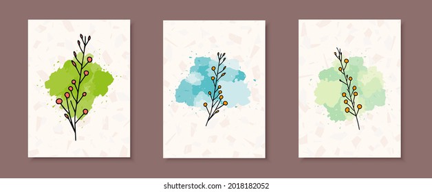 Minimalistic hand drawing on the wall. Imitation paint of a watercolor or ink with a leaf or branch. Contemporary art on a wall in an office, home or gallery. Set or collection. Vector illustration.