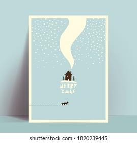 Minimalistic hand drawn Christmas card or poster design with house and running fox silhouettes and falling snowflakes and Merry Xmas lettering. Vintage styled vector illustration