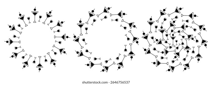 Minimalistic Hand Drawn Cocktail glasses Circular Frame border and Backdrop Copy space Template Set