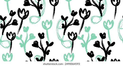 Minimalistic hand drawn Floral Pattern. Gouache drawn Flowers in Scribble style. Childish drawing. Hand draws swirls. Curly brush strokes, marker scrawls as graphic design elements set