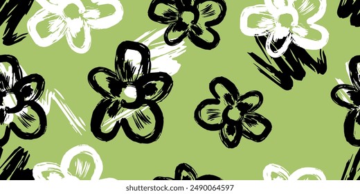 Minimalistic hand drawn Floral Pattern. Gouache drawn Flowers in Scribble style. Childish drawing. Hand draws swirls. Curly brush strokes, marker scrawls as graphic design elements set