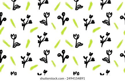 Patrón floral dibujado a mano minimalista. Gouache dibujado Flores en estilo Garabato. Dibujo infantil. La mano dibuja remolinos. Trazos de pincel rizados, garabatos de marcador como conjunto de Elementos de Diseño gráfico	