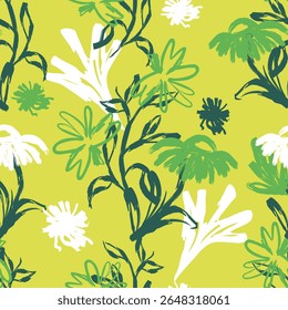 Padrão Floral desenhado à mão minimalista. Gouache desenhou flores no estilo Scribble. Desenho infantil. Mão desenha redemoinhos. Traçados de pincel ondulado, rabiscos de marcador como conjunto de elementos de design gráfico