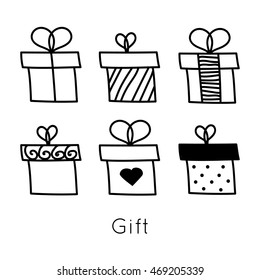 minimalistic hand drawn gift set on white background, icons set