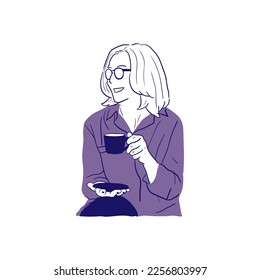 minimalistic hand drawn illustration of woman drinking coffee and relaxing