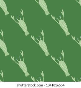 Minimalistic hand drawn lobster print seamless doodle pattern. Nature sea backdrop. Green palette simple artwork. Designed for fabric design, textile print, wrapping, cover. Vector illustration.