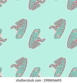 Minimalistic hand drawn seamless pattern with cartoon contoured frog ornament. Blue pastel background. Stock illustration. Vector design for textile, fabric, giftwrap, wallpapers.